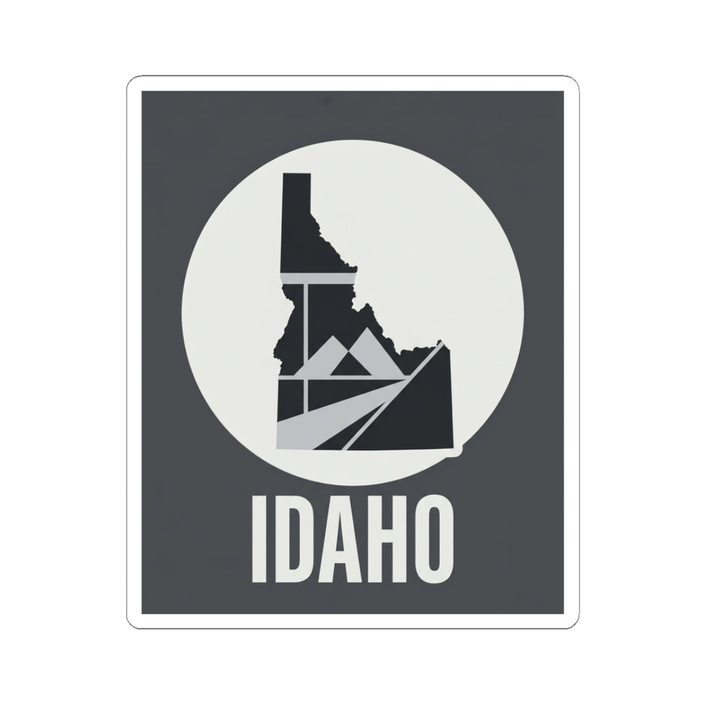 Idaho geometric map kiss-cut sticker, dark square with white circle, state outline and IDAHO text
