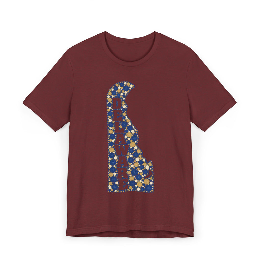 Burgundy Delaware state silhouette t-shirt with blue and gold patterned Delaware map graphic