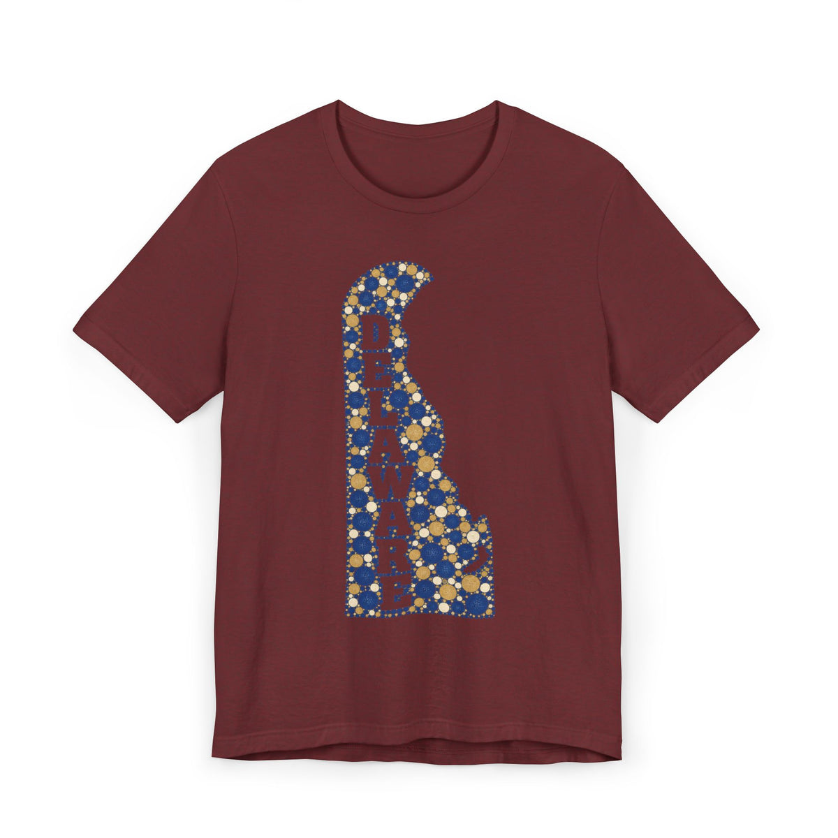 Burgundy Delaware state silhouette t-shirt with blue and gold patterned Delaware map graphic