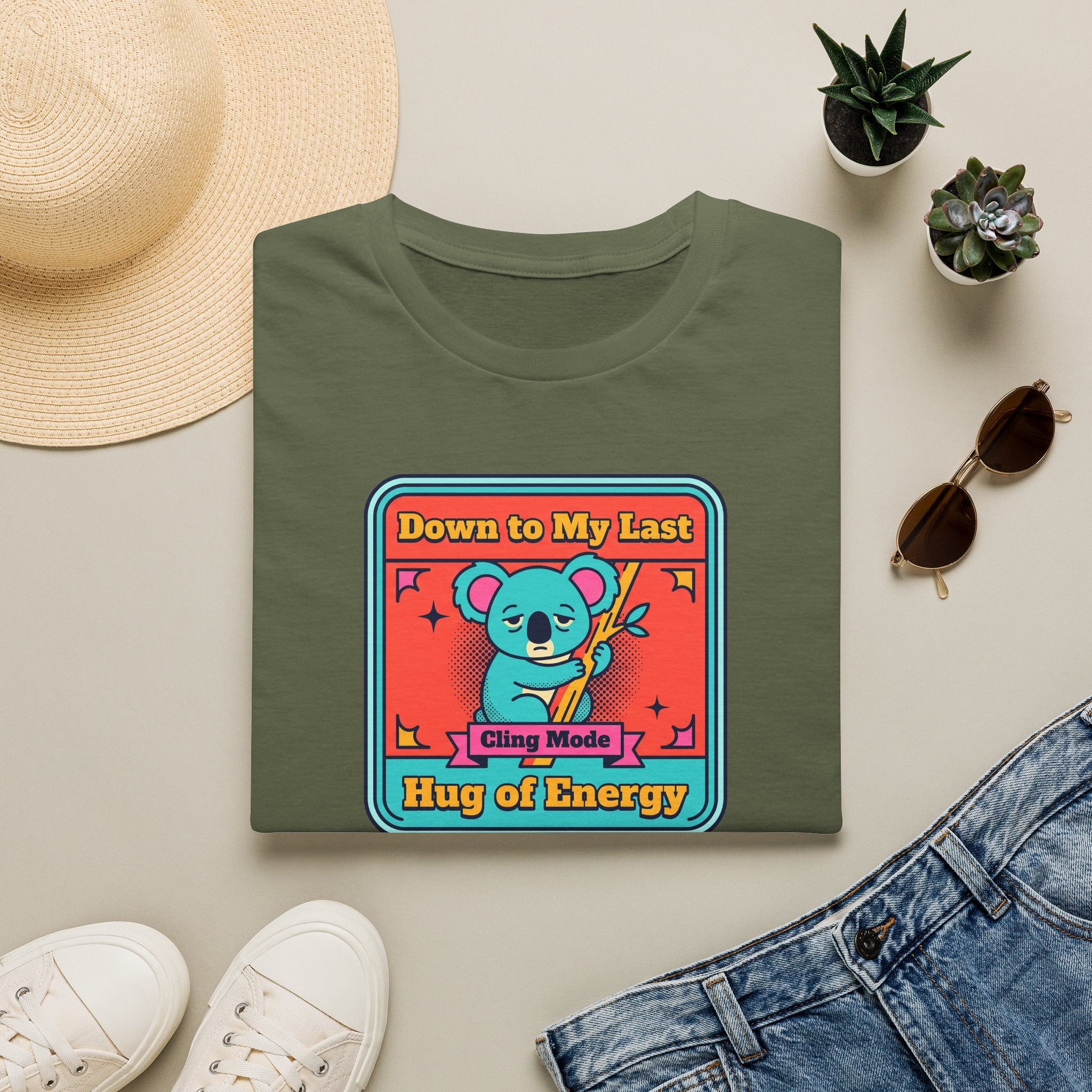 Military green koala graphic t-shirt with colorful badge-style front print