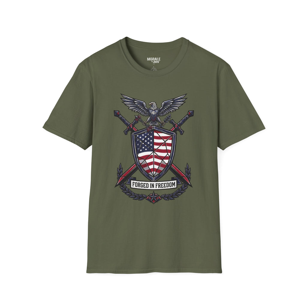 Patriotic red-white-blue graphic T-shirt on military green, front eagle shield design