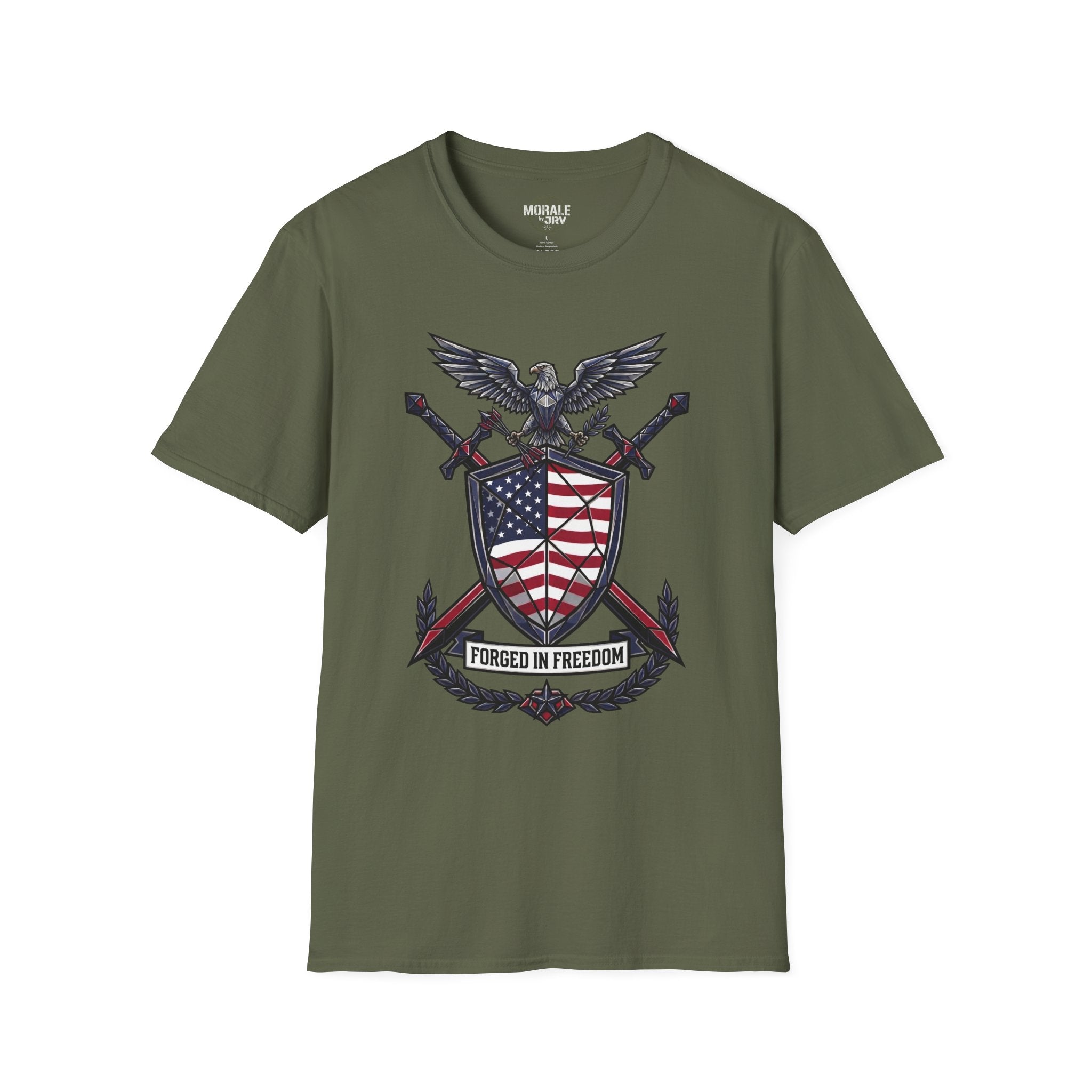 Patriotic red-white-blue graphic T-shirt on military green, front eagle shield design