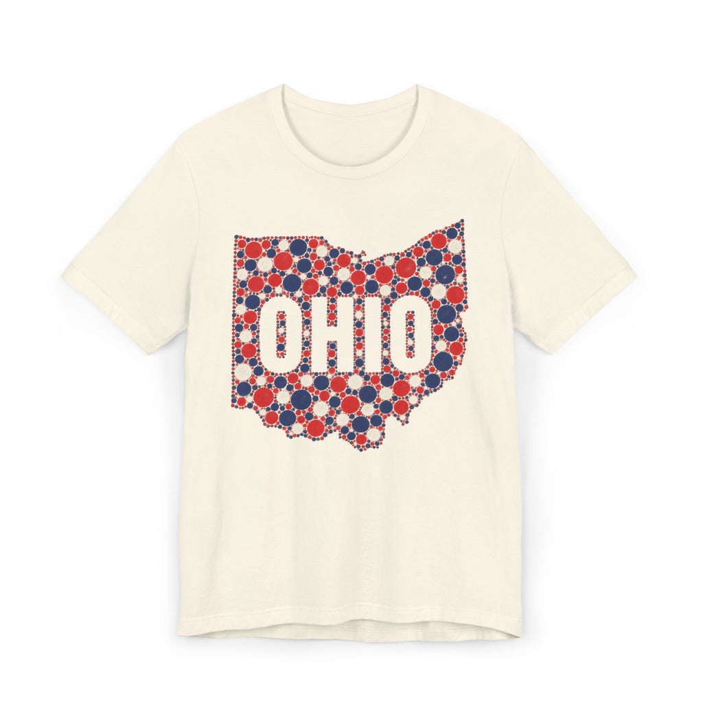 Cream T-shirt with dotted polka graphic OHIO in red, white, and blue