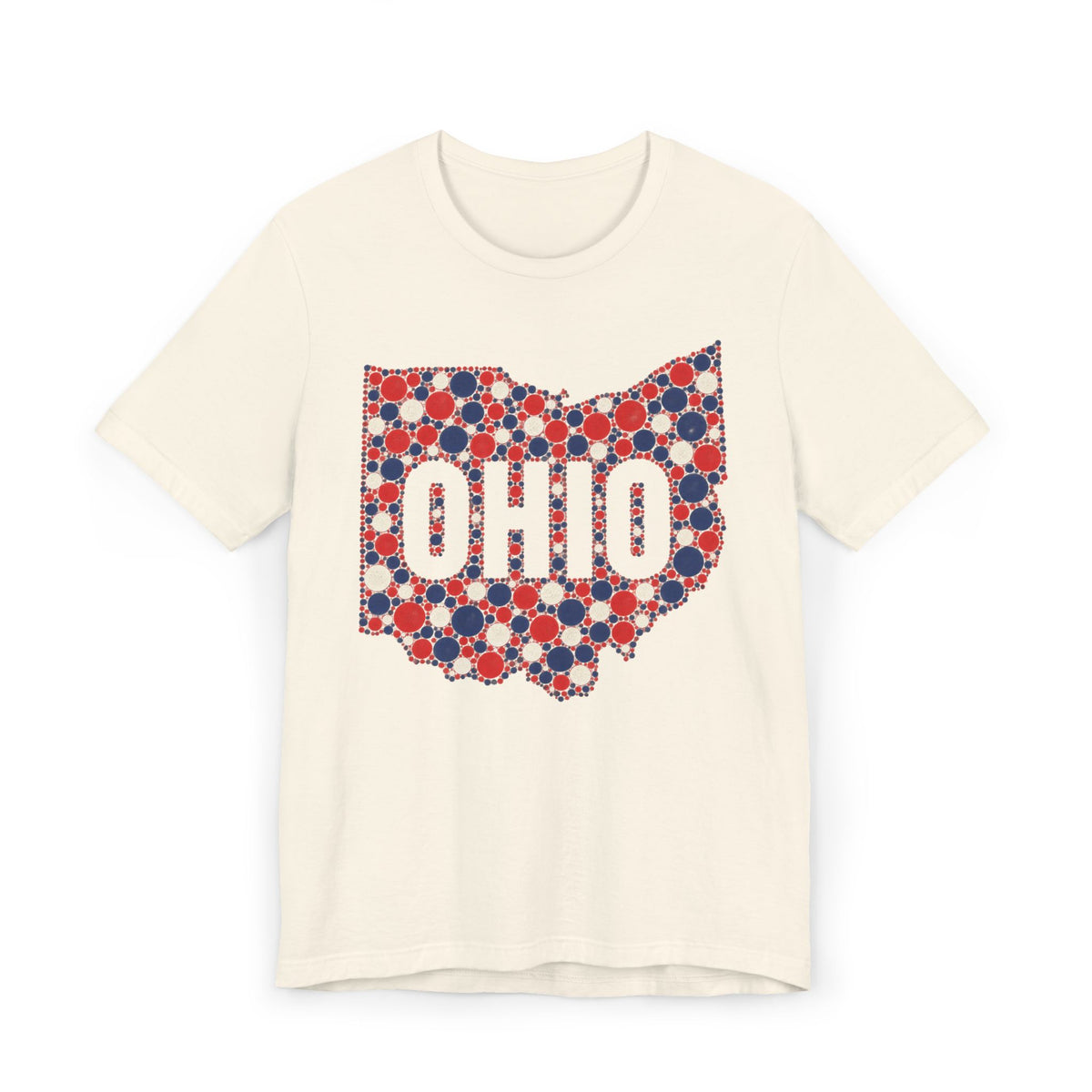 Cream T-shirt with dotted polka graphic OHIO in red, white, and blue