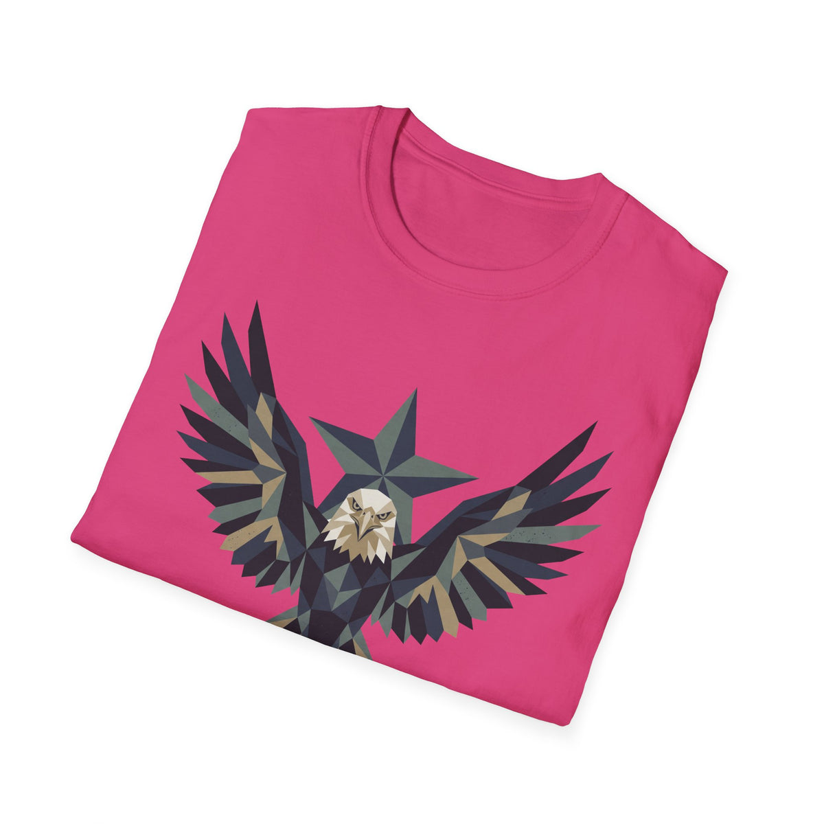 Hot pink T-shirt with geometric eagle and star graphic across chest
