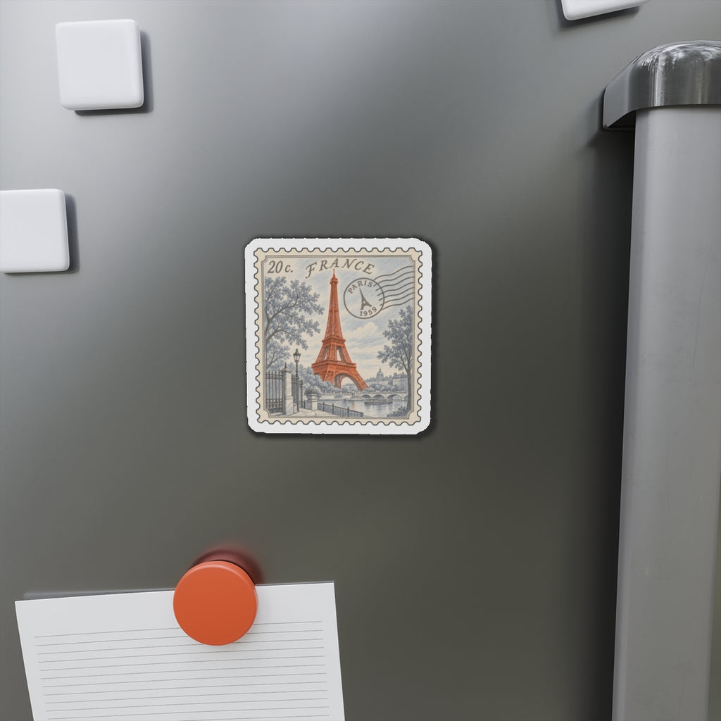 Eiffel Tower stamp magnet on stainless fridge, '20c France' stamp with tower