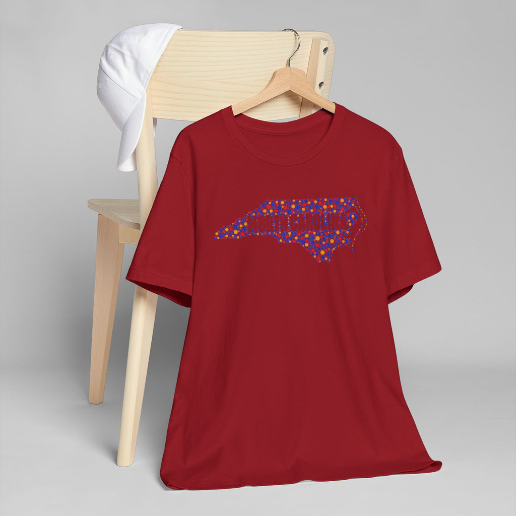 Red crewneck short-sleeve T-shirt with colorful North Carolina map graphic