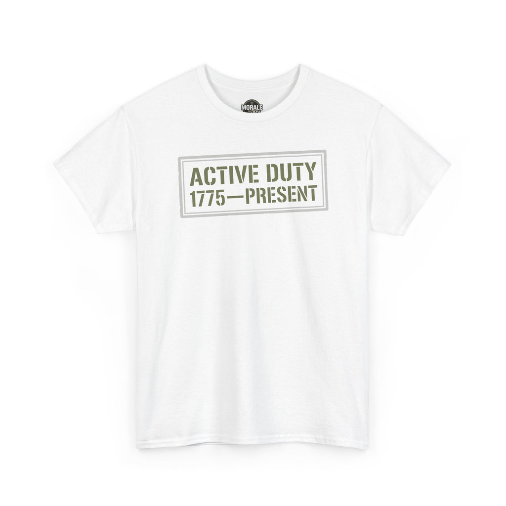 White crewneck T-shirt with 'ACTIVE DUTY 1775–PRESENT' front text