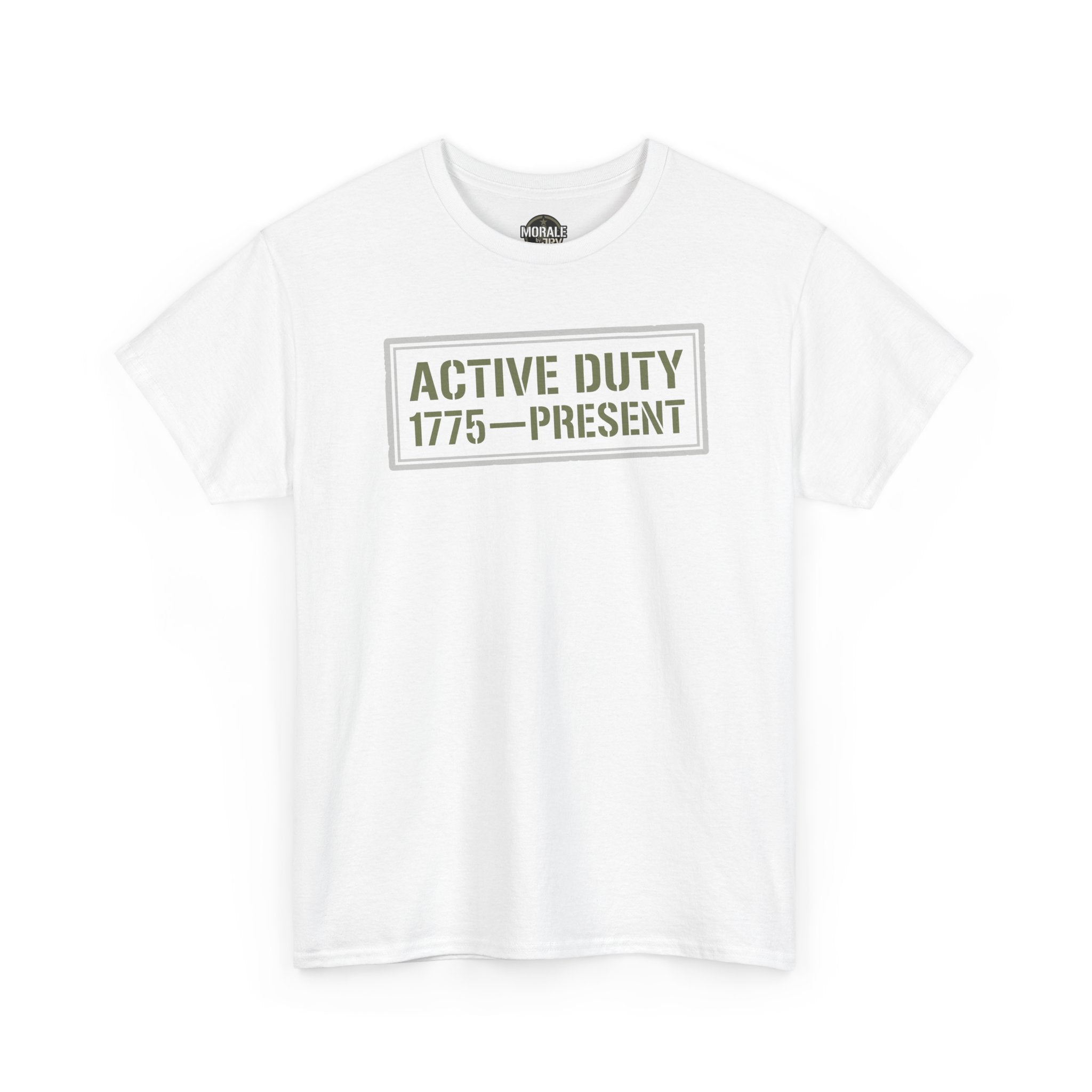White crewneck T-shirt with 'ACTIVE DUTY 1775–PRESENT' front text