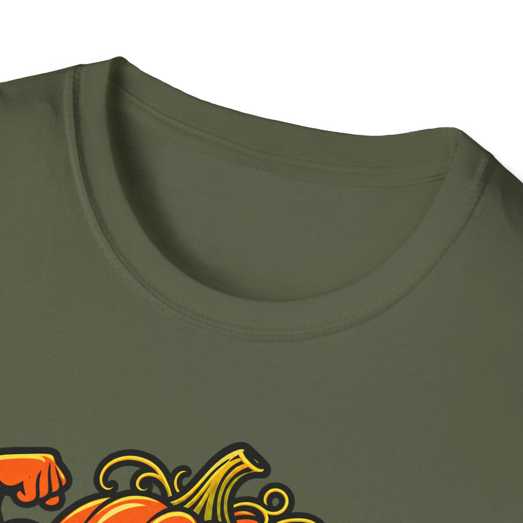Military green T-shirt crew neck with partial orange pumpkin 'SQUASH' graphic