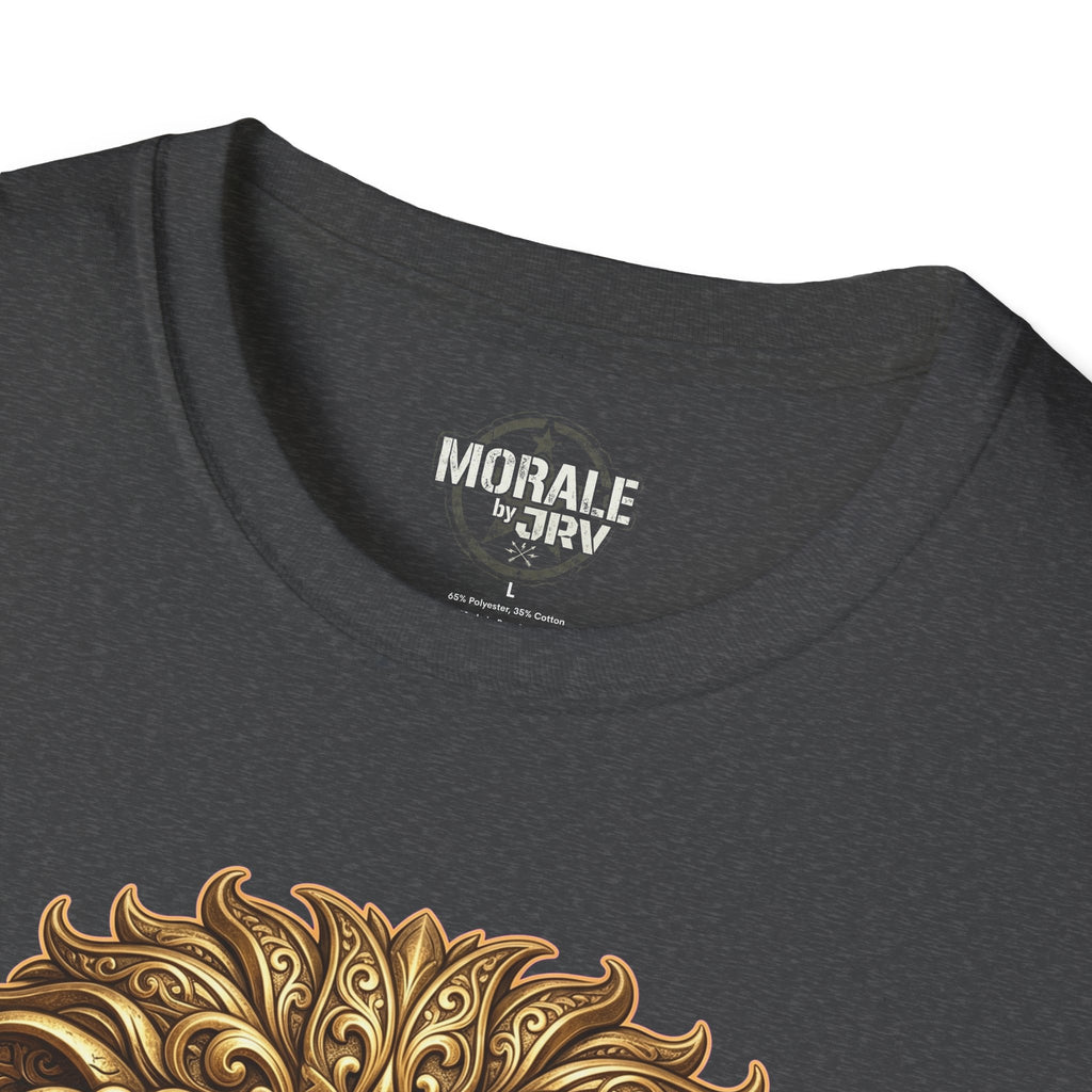 Dark heather t-shirt, small chest logo with part of gold lion design