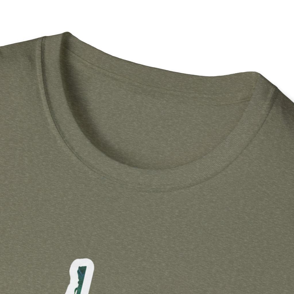 Heather Irish Green T-shirt neckline close-up, partial West Virginia map print