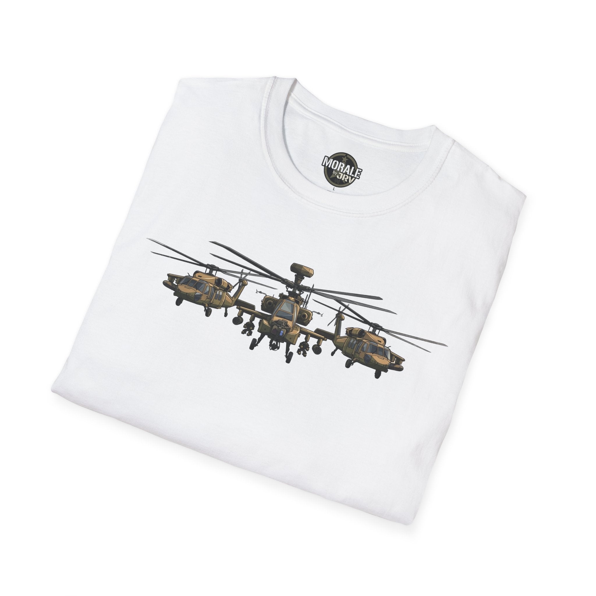 White T-shirt with Apache helicopter formation graphic across chest