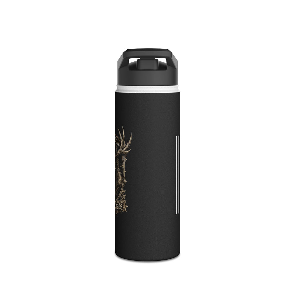 Black stainless steel tumbler with flip lid, antler graphic, and vertical stripe