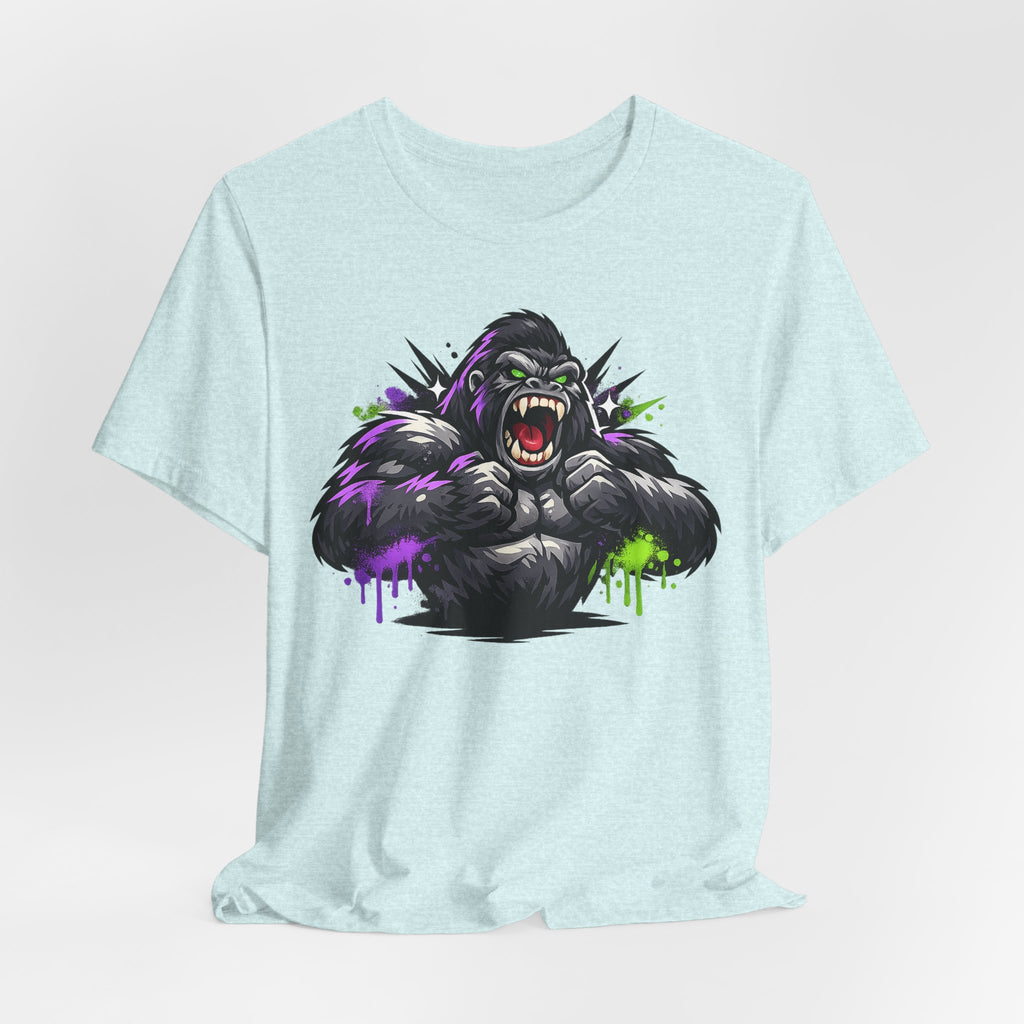 Light blue unisex crew-neck tee with roaring gorilla face graphic in purple and green.