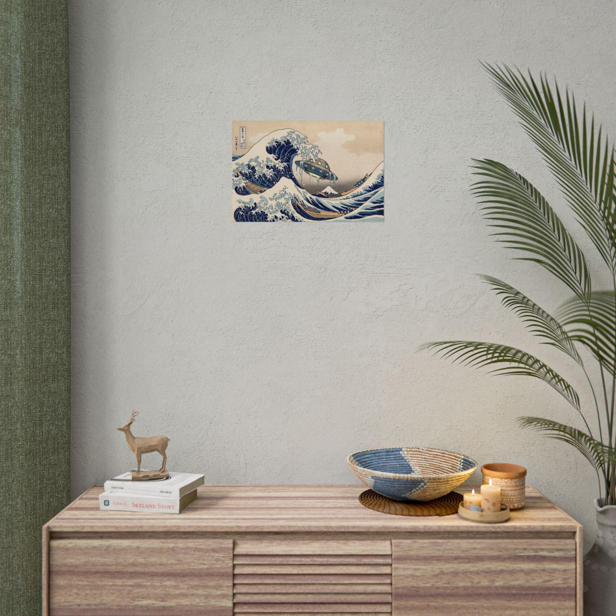 Small wave print poster with blue ocean waves and UFO craft, wall-mounted