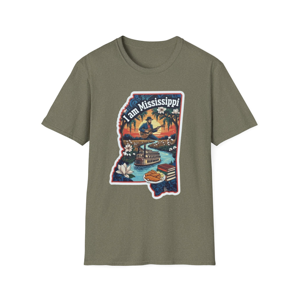 Olive green T-shirt with Mississippi state silhouette graphic, riverboat and magnolia design