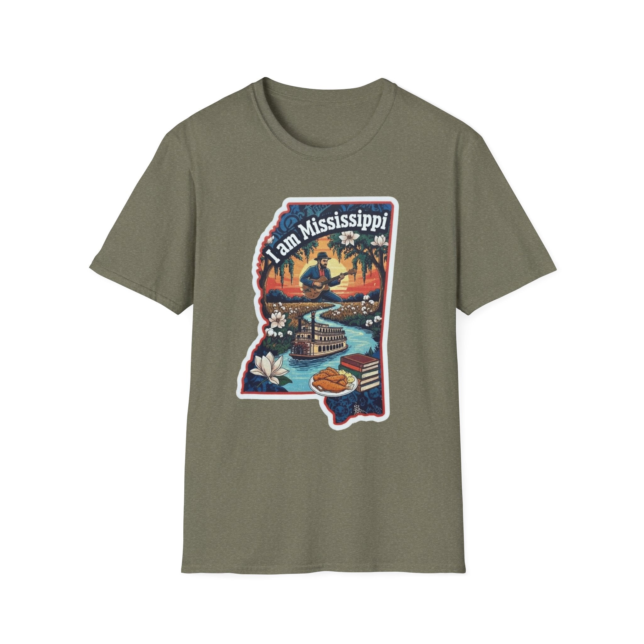 Olive green T-shirt with Mississippi state silhouette graphic, riverboat and magnolia design