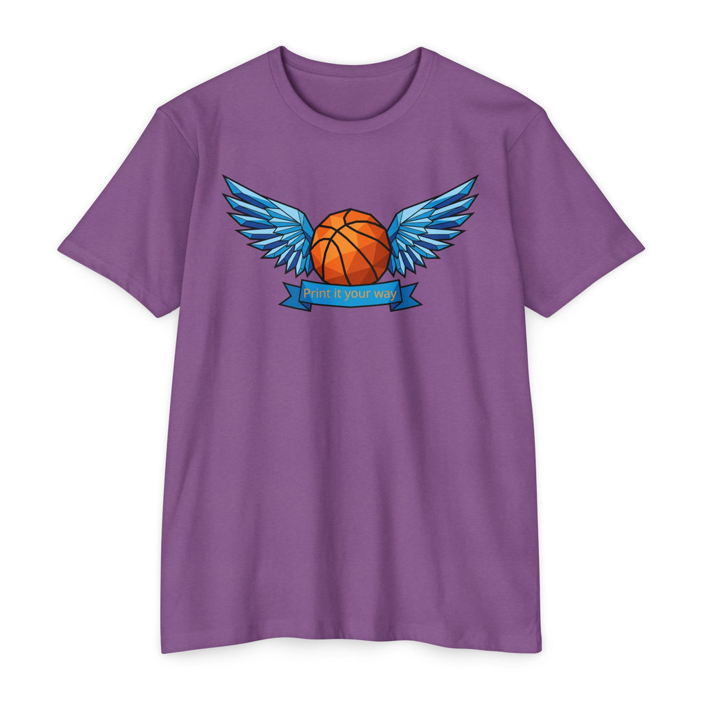 Mauve purple t-shirt with winged basketball graphic and small banner print at center.