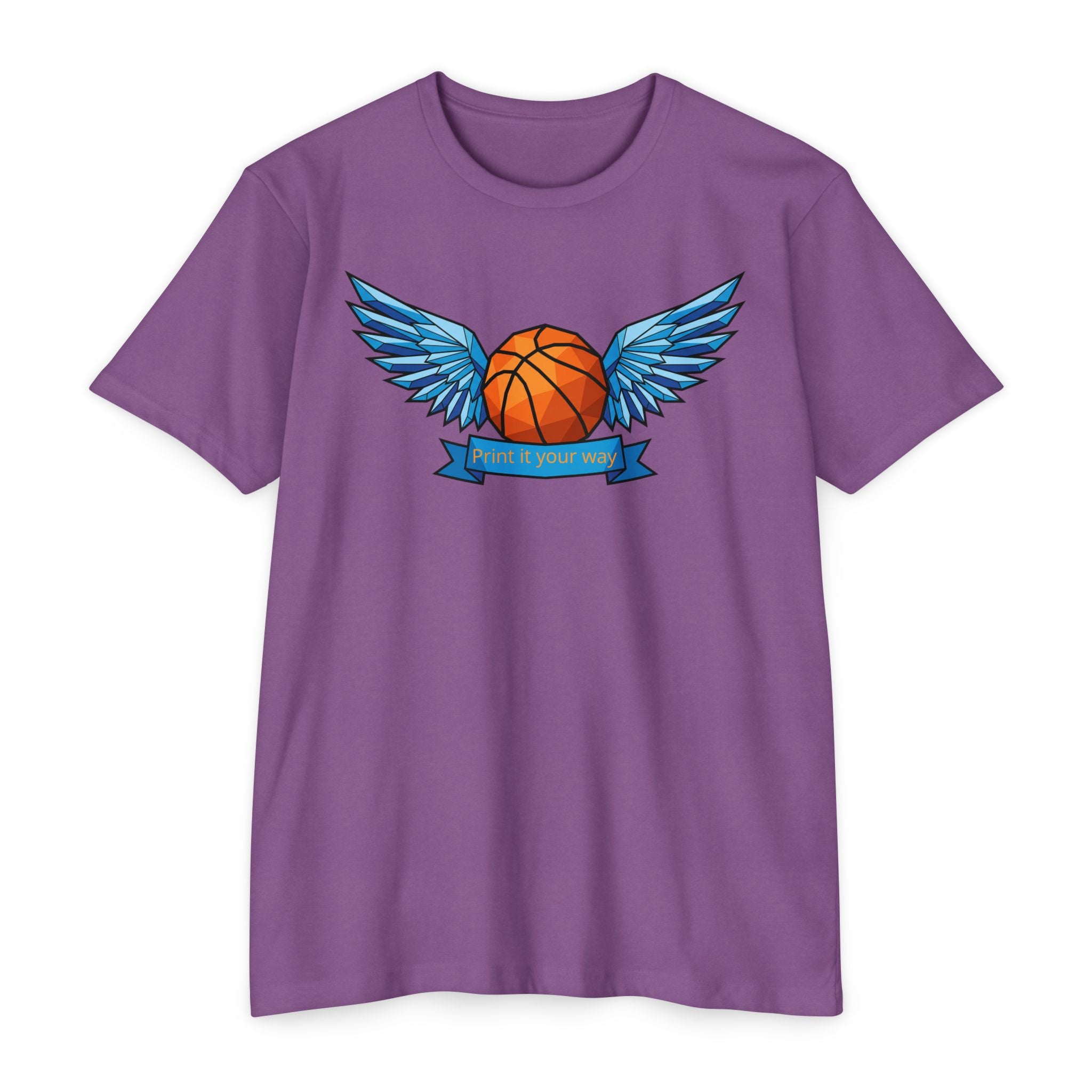 Mauve purple t-shirt with winged basketball graphic and small banner print at center.