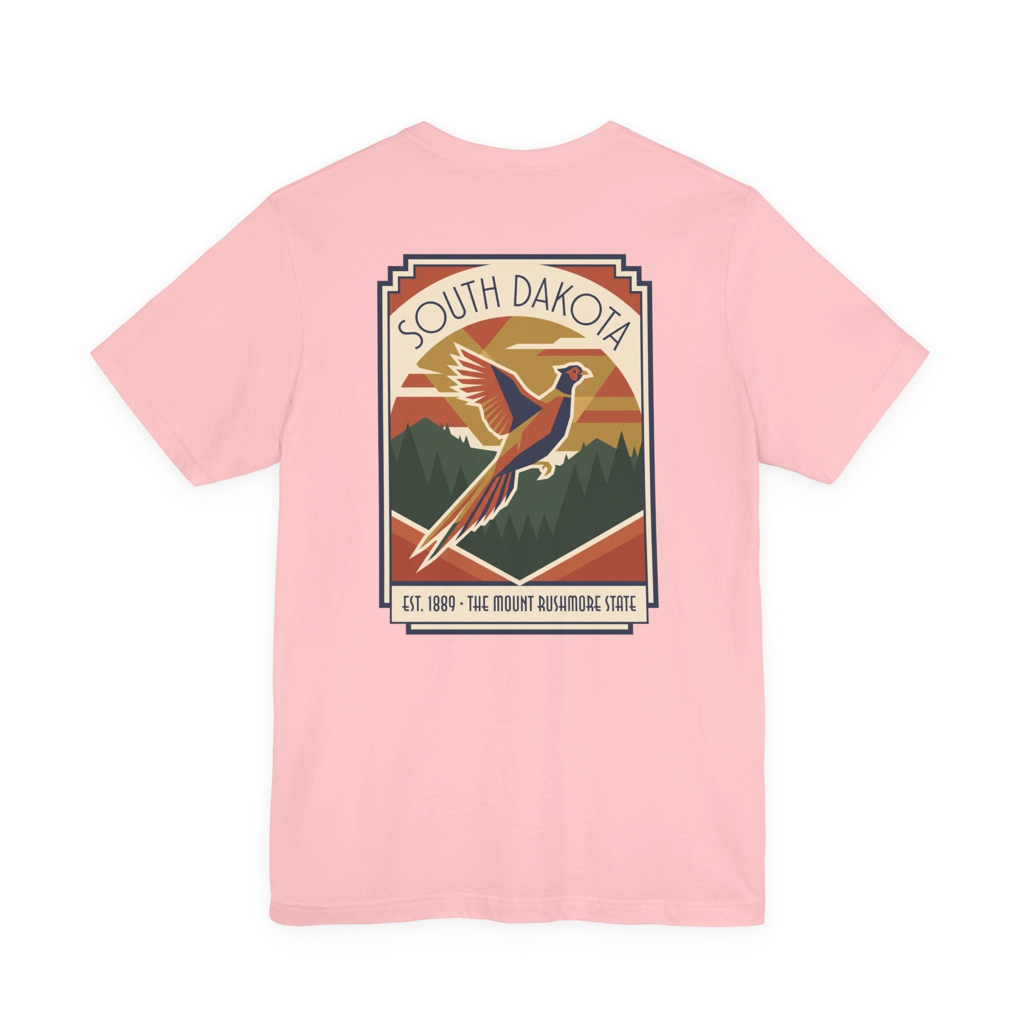 Pink graphic t-shirt with art deco pheasant badge logo on chest
