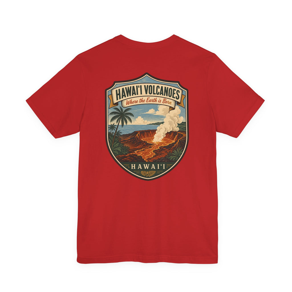 Red short-sleeve T-shirt with large shield graphic reading “Hawai'i Volcanoes”.