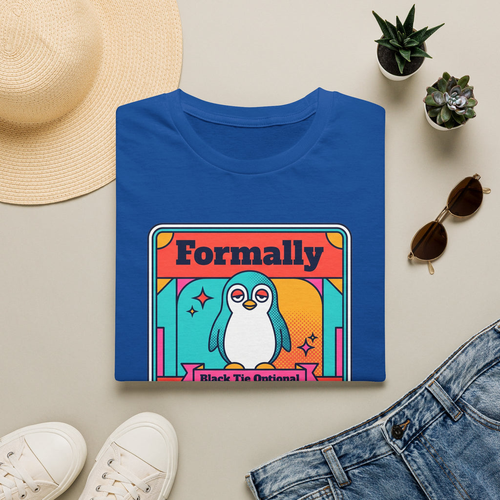 Royal blue penguin graphic t-shirt with colorful 'Formally' text front print.