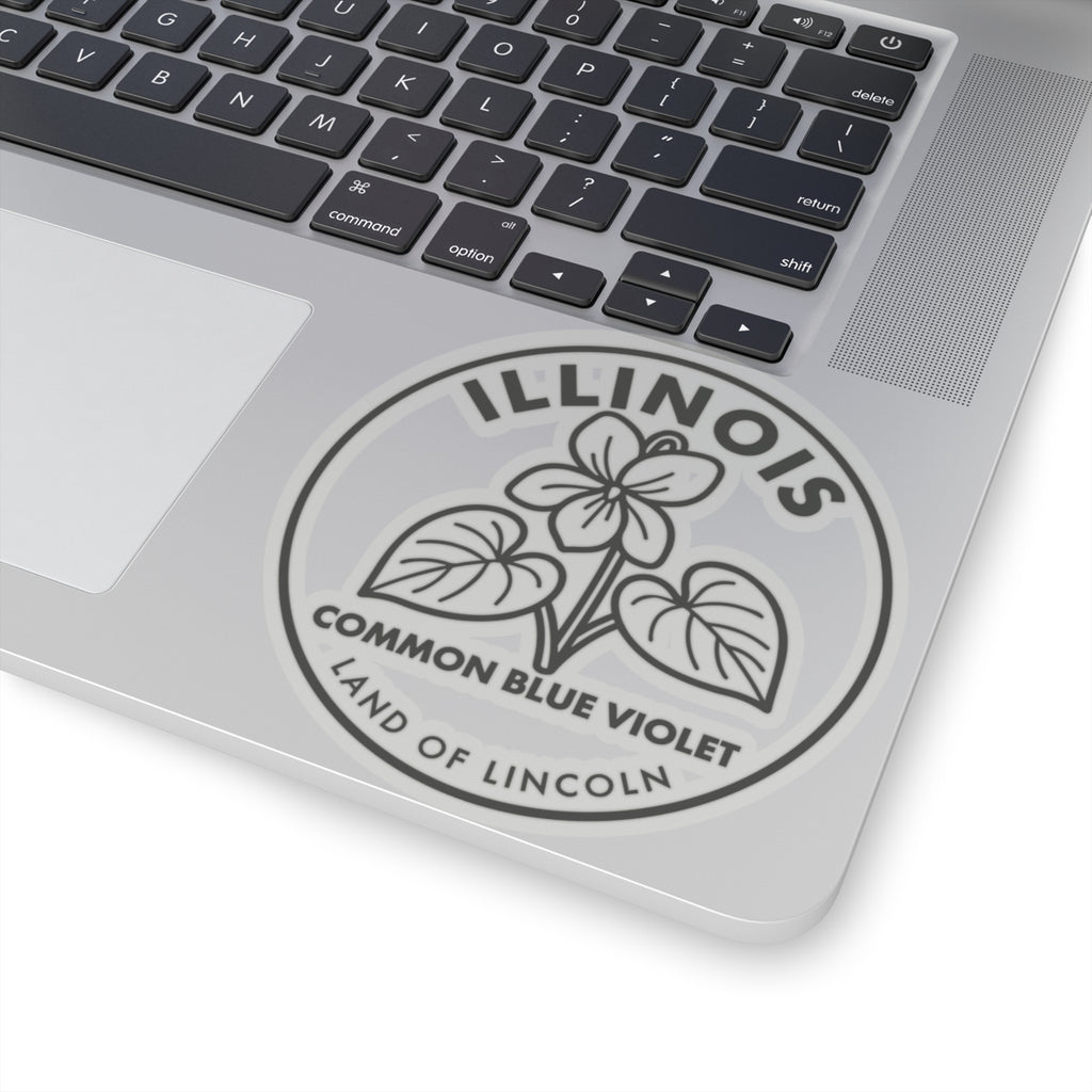 Common blue violet Illinois vinyl decal on laptop lid, circular seal with “LAND OF LINCOLN”
