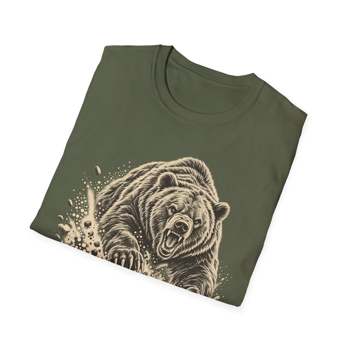 Military green T-shirt with bear face graphic and tan splatter details