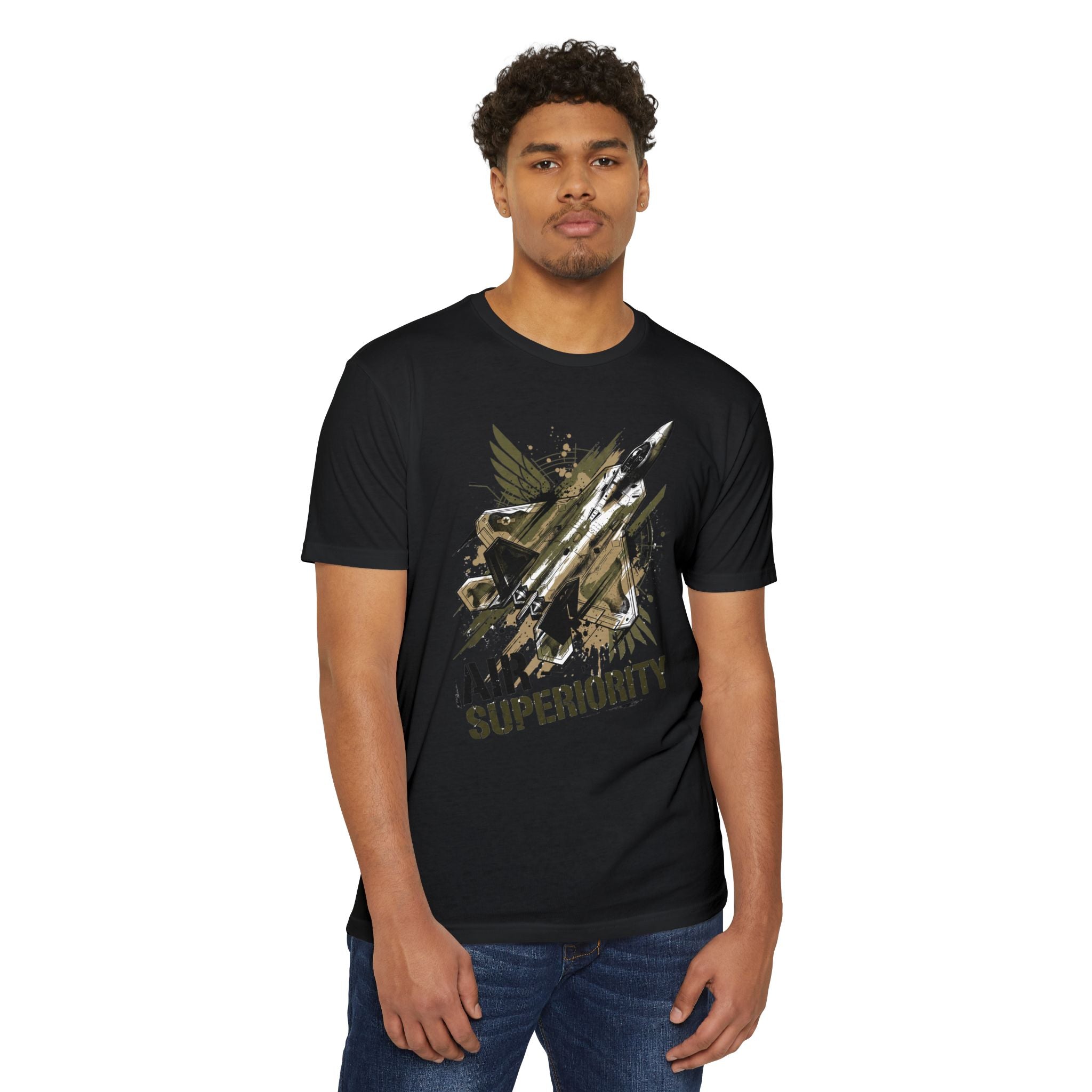 Air superiority jet fighter T-shirt, black, jet fighter graphic on front, crew neck