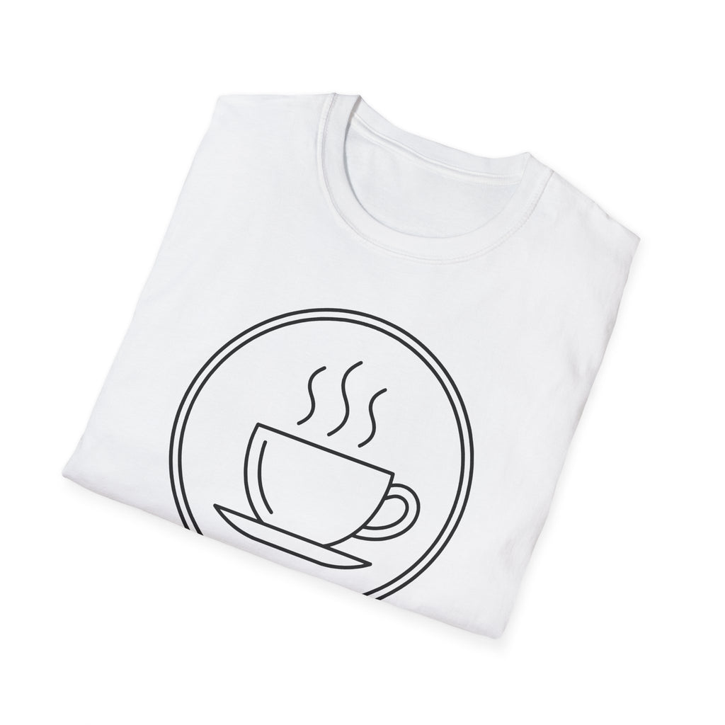 White coffee graphic T-shirt featuring steaming cup and circle outline