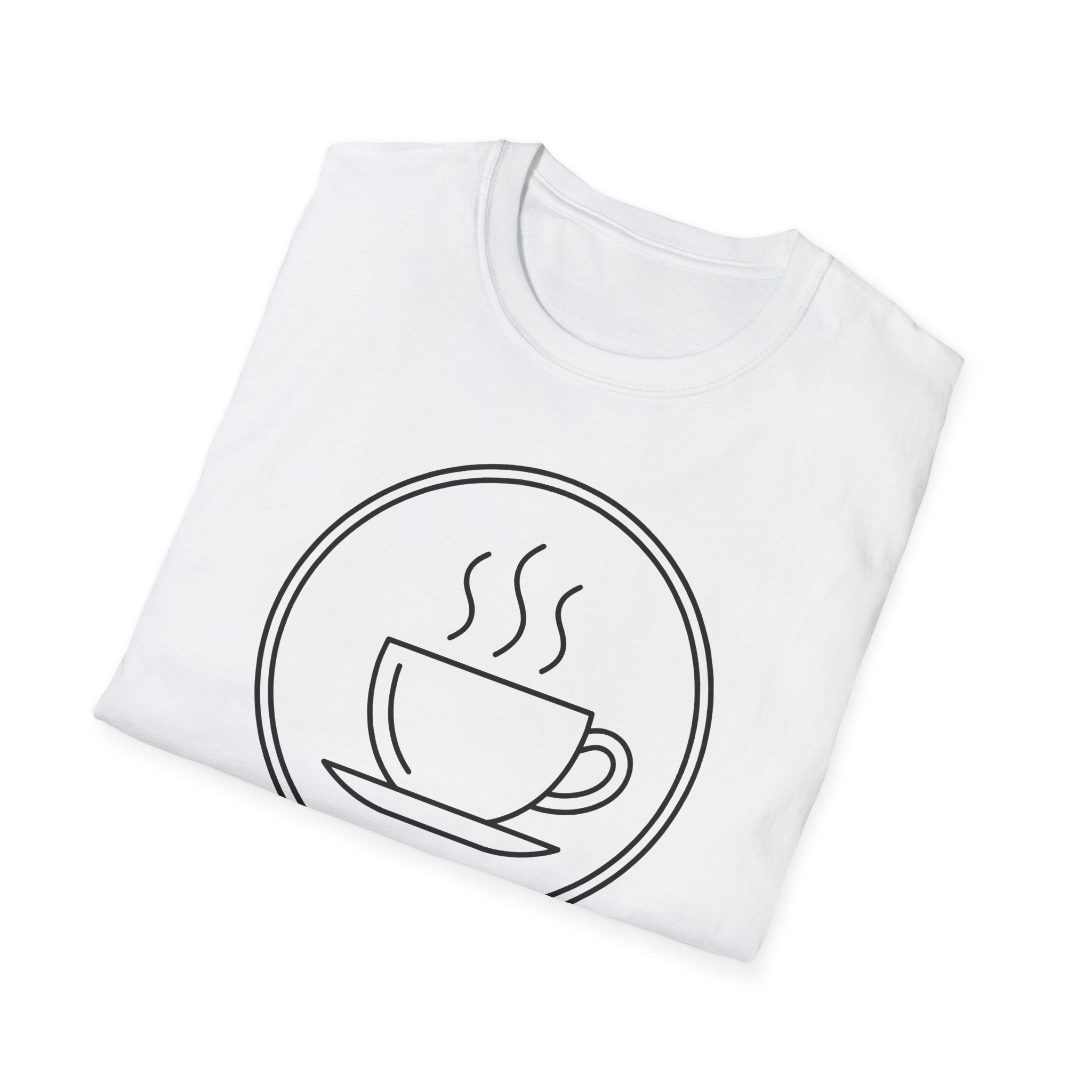 White coffee graphic T-shirt featuring steaming cup and circle outline