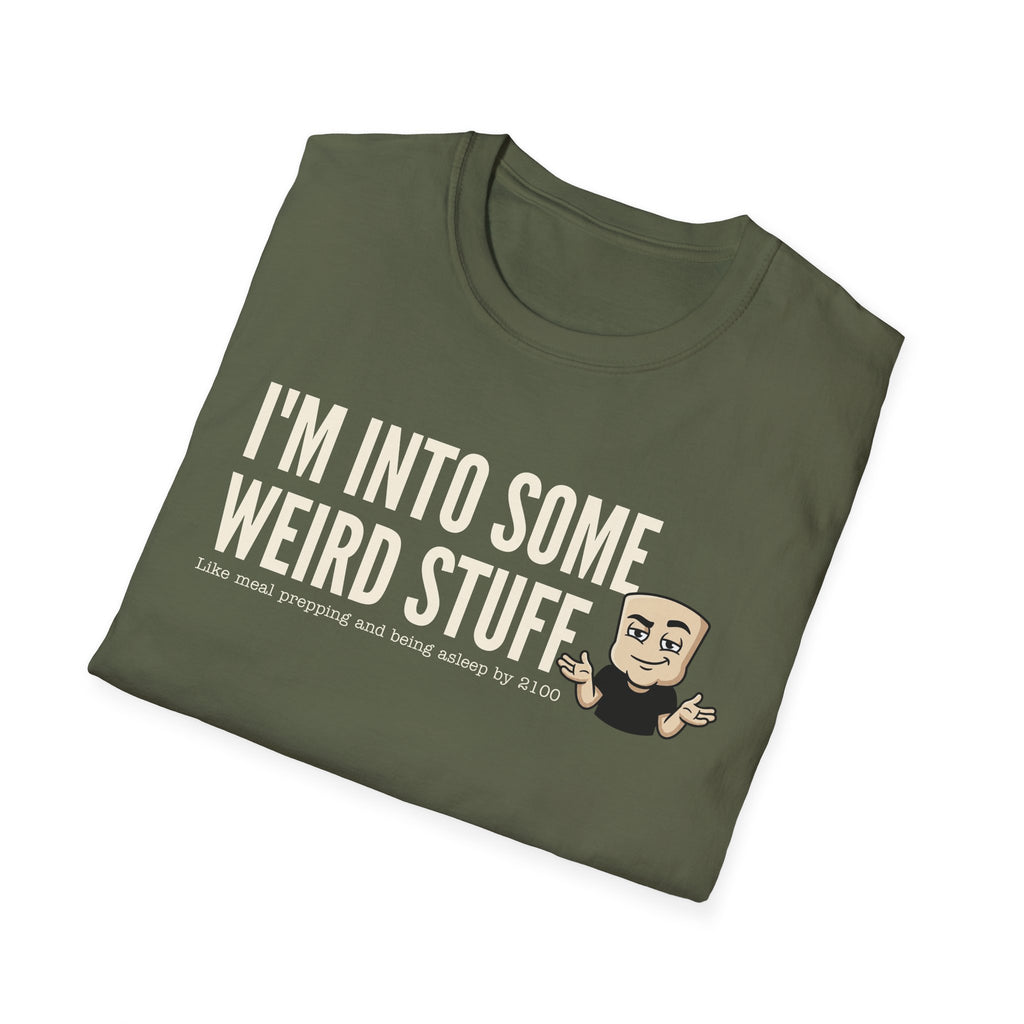Olive green T-shirt with weird stuff slogan and character graphic