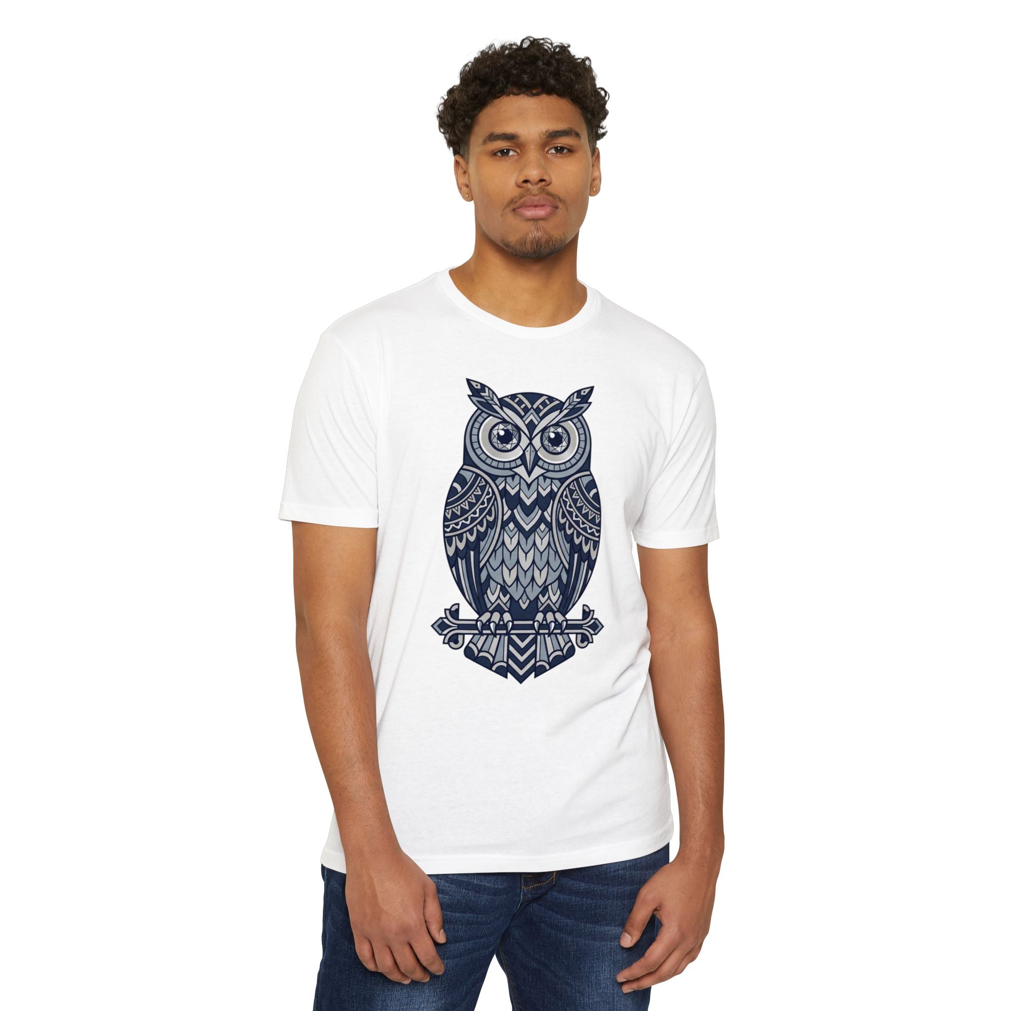 White unisex T-shirt with blue owl graphic centered