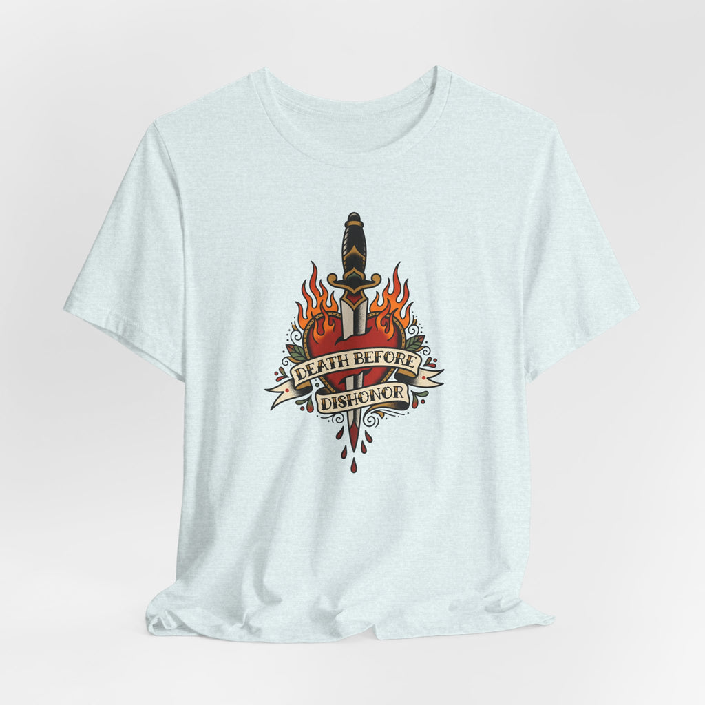 Light blue T-shirt with flame dagger graphic on chest