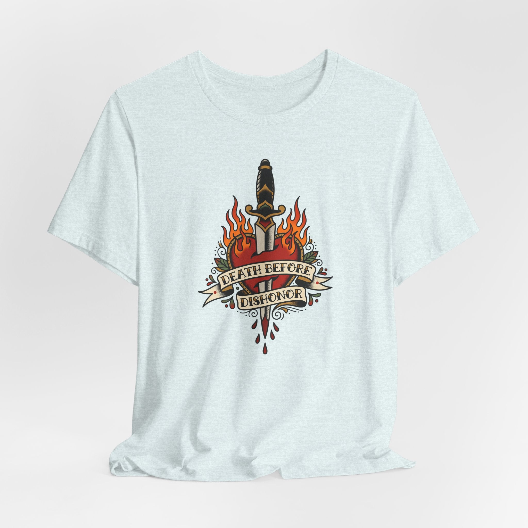 Light blue T-shirt with flame dagger graphic on chest