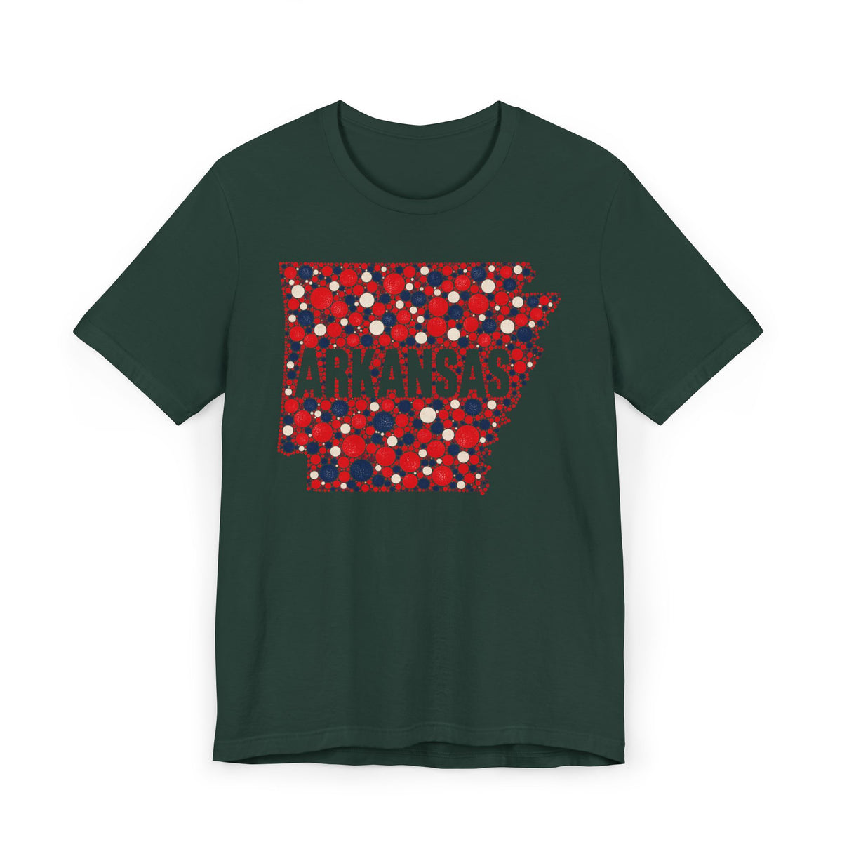 Dark green T-shirt with Arkansas outline graphic in red, white, and blue dot pattern