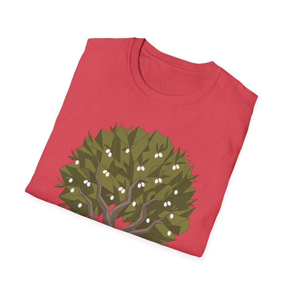 Twisted olive tree T-shirt, red, full front olive graphic design