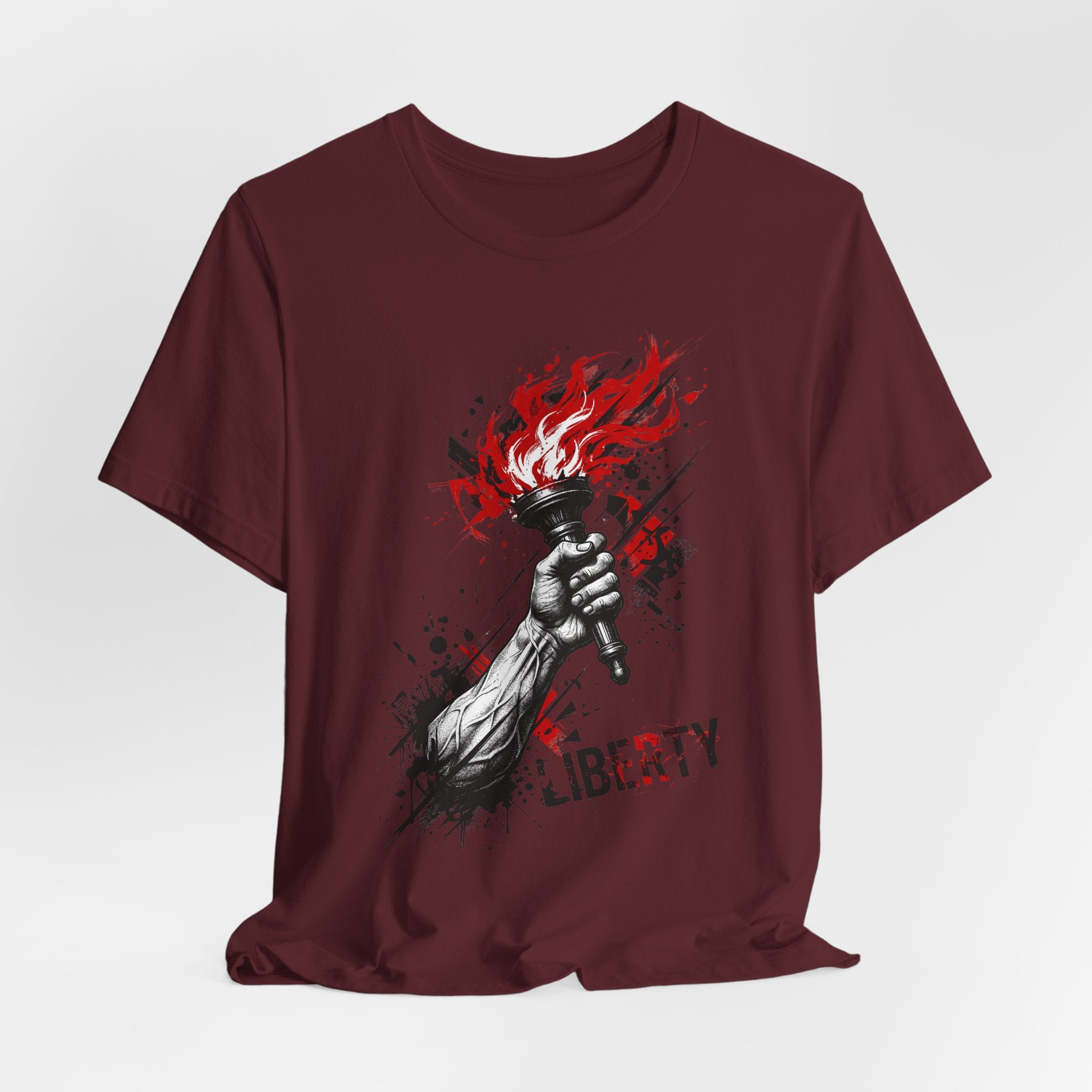 Maroon T-shirt with torch-in-hand flame graphic and 'Liberty' text