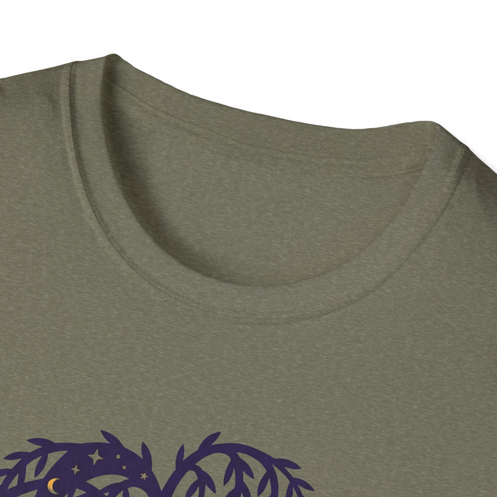 Dark green T-shirt neckline and chest area, no graphic details visible