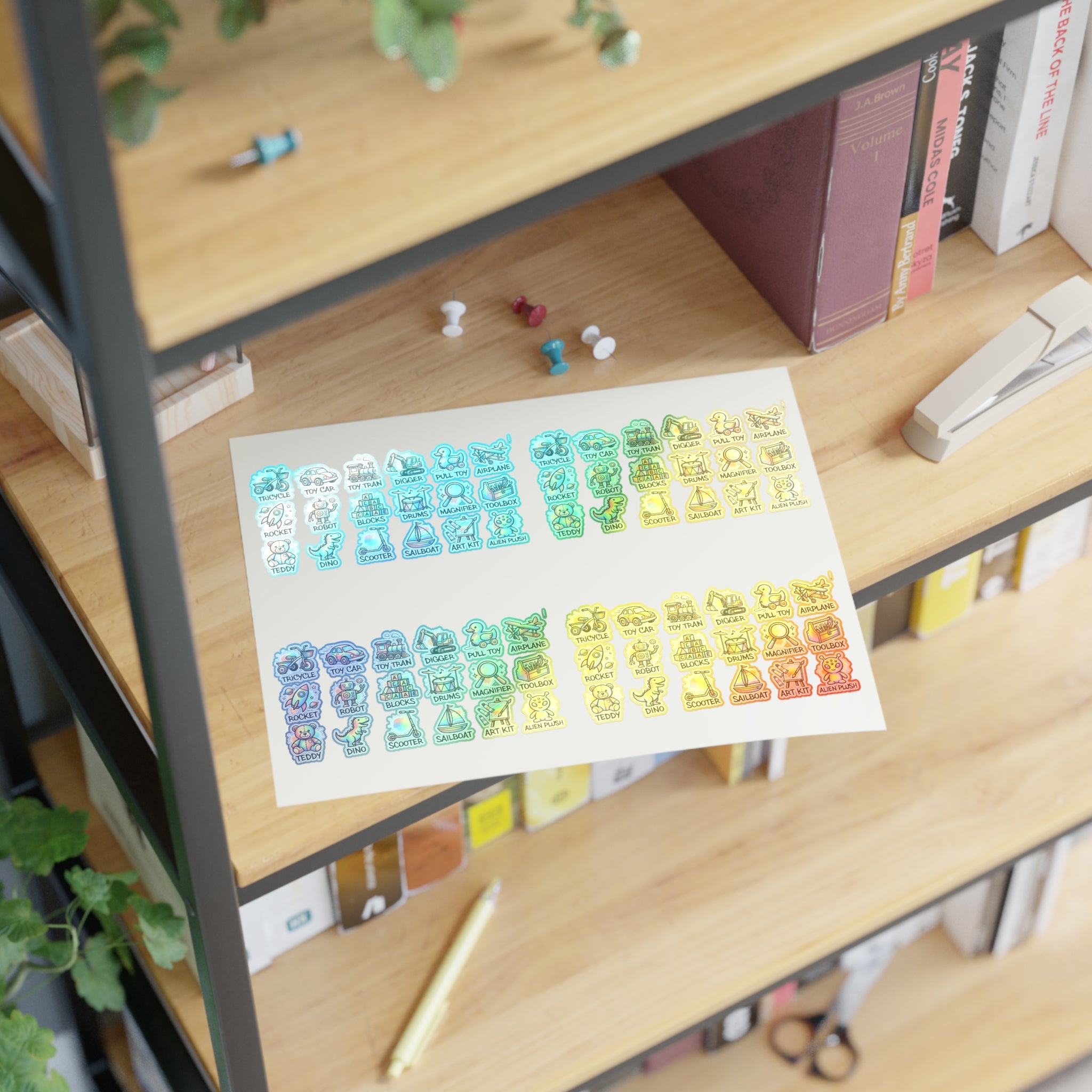 Kids toy labels sticker sheet with rows of colorful robot, train, and vehicle icons