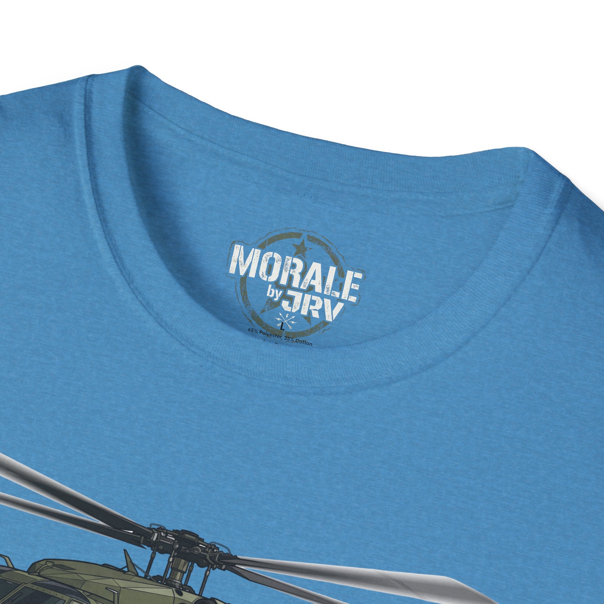Light blue T-shirt neckline with "MORALE by TRR" logo and helicopter graphic