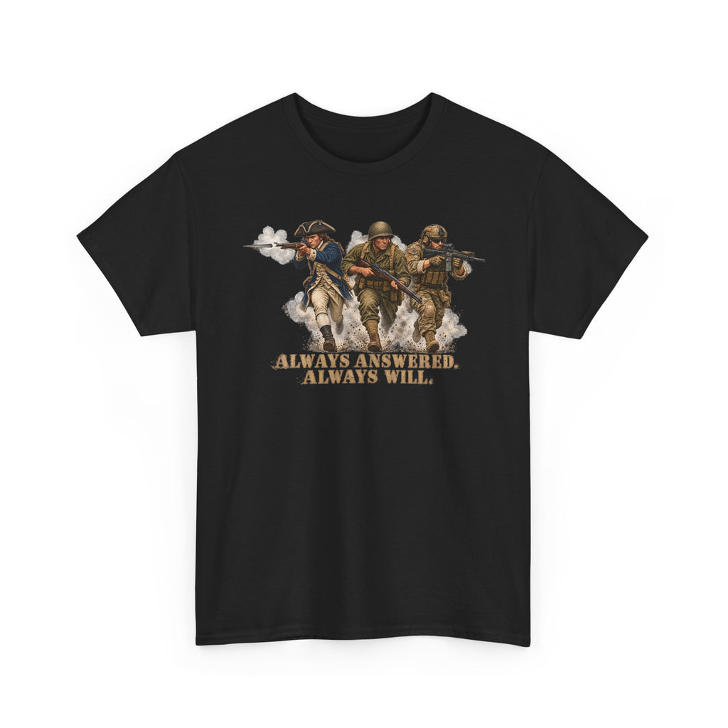Black graphic military T-shirt with soldier trio and 'Always Answered'/'Always Will' design