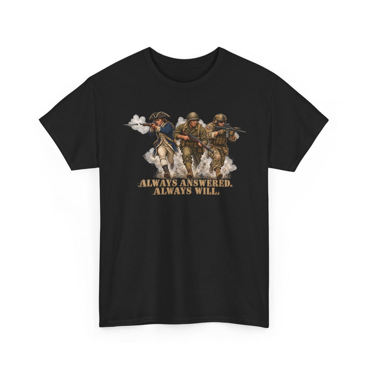Black graphic military T-shirt with soldier trio and 'Always Answered'/'Always Will' design
