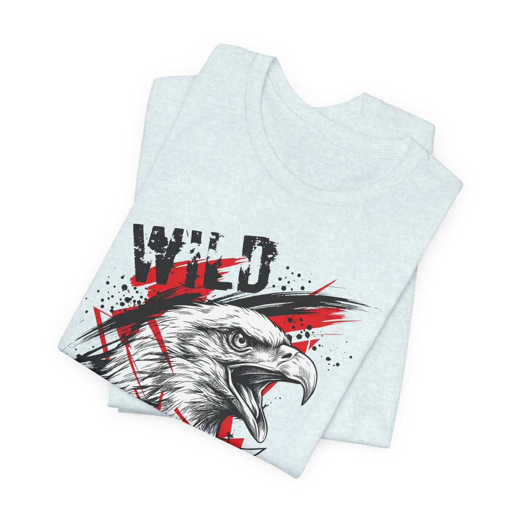 Light blue T-shirt with close-up eagle head graphic, red and black splatter