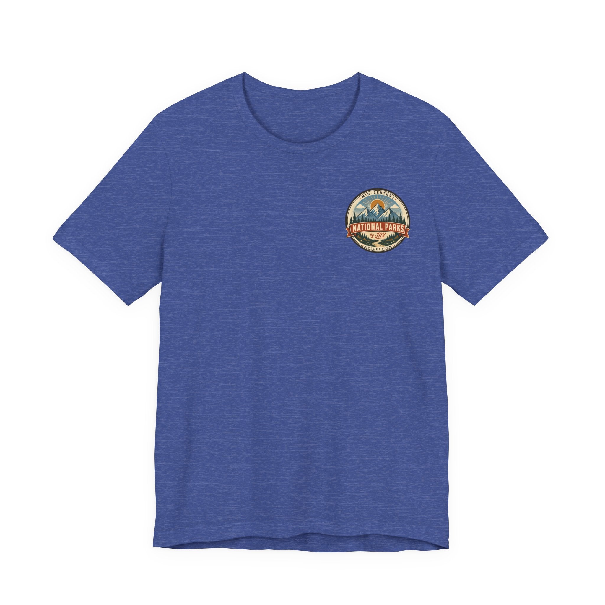 Royal blue crew neck t-shirt with small circular park logo on the chest