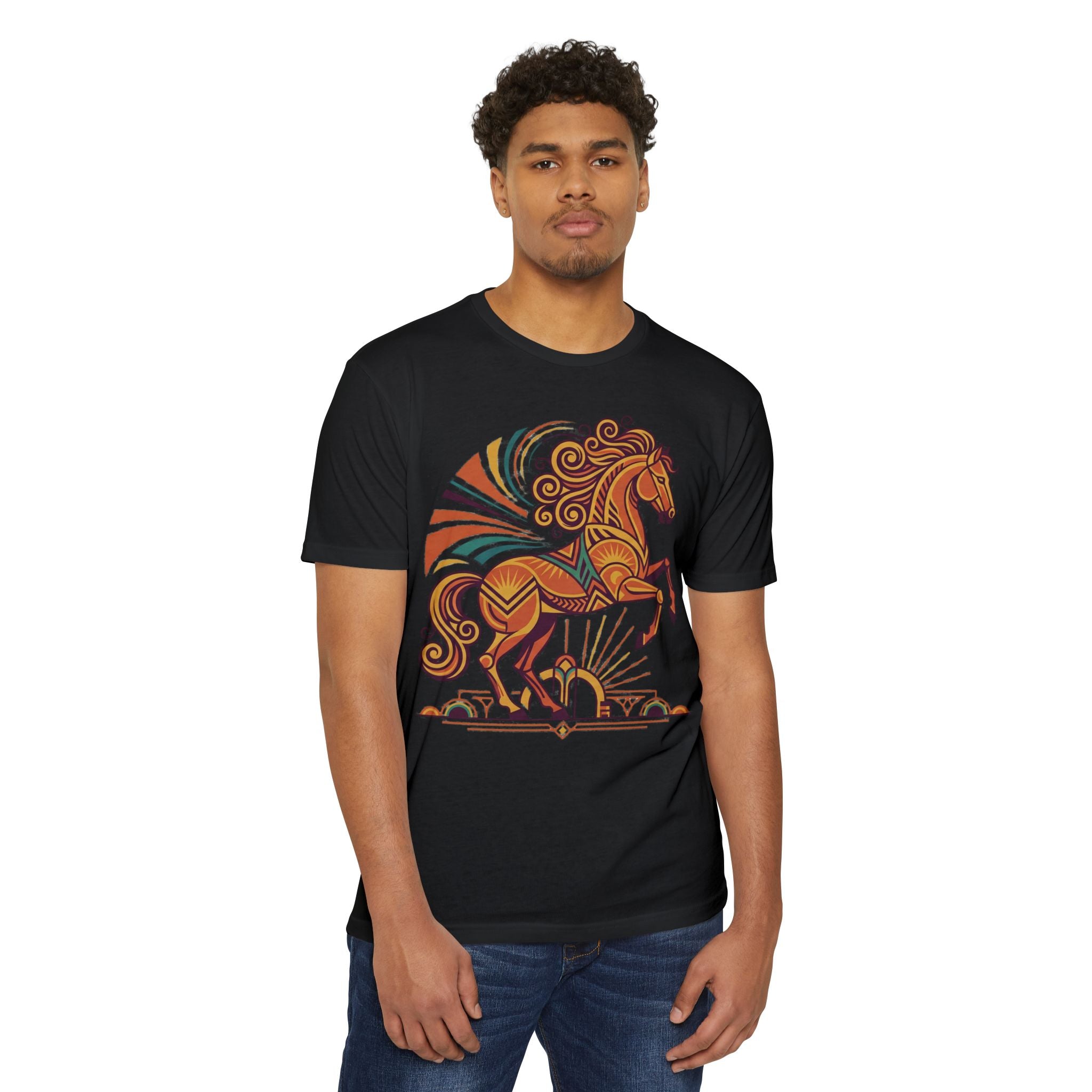 Black unisex T-shirt with colorful prancing horse graphic on chest.