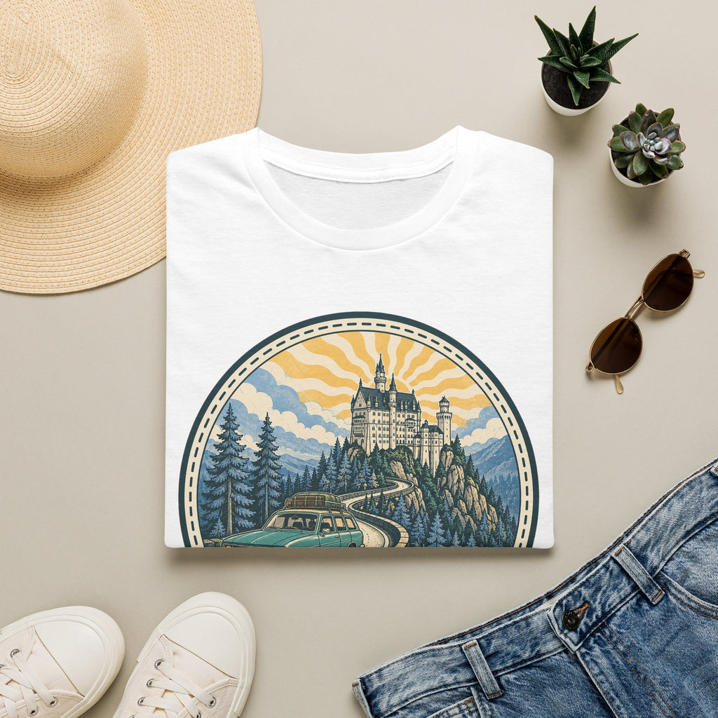 White T-shirt with circular castle landscape illustration graphic
