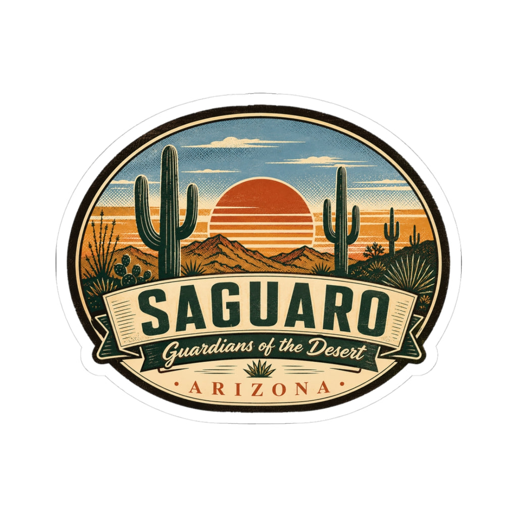 Round Saguaro Arizona travel sticker with desert cacti and sunset graphic