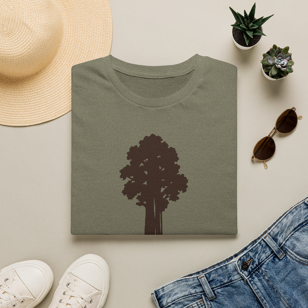 Olive green crew-neck t-shirt with centered dark tree graphic on front.